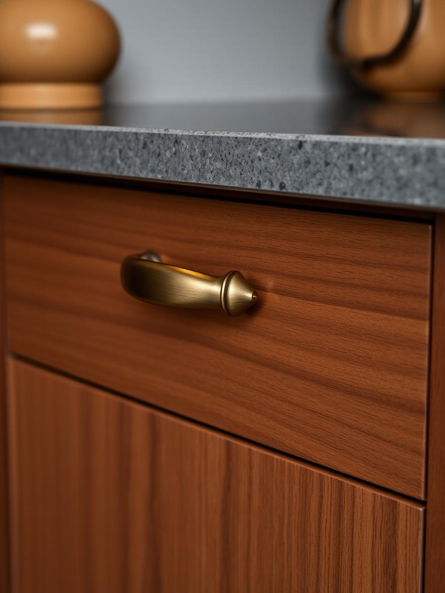 Cabinet hardware detail against a stone worktop