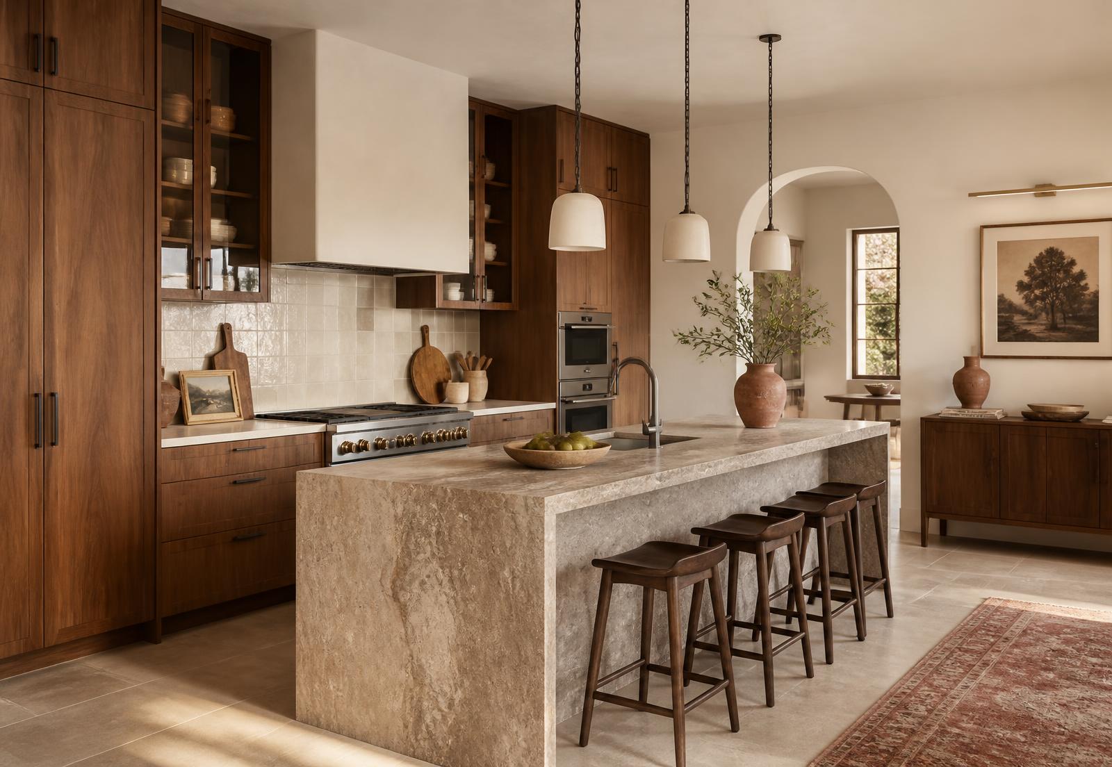 Custom walnut kitchen with stone island and warm lighting